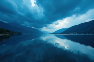 the dark storm clouds reflect in a serene blue lake, blue, nature, cloud