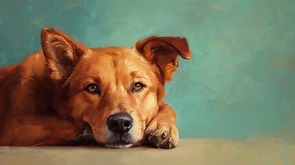 Wall Mural - Peaceful Brown Dog Portrait Against Teal Background