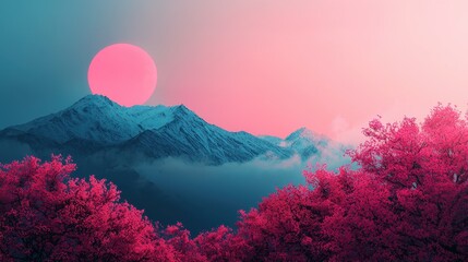 Wall Mural - Pink Sunrise Over Snowy Mountains and Pink Trees