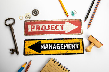 Wall Mural - Project management concept.  Red and yellow directional arrow with text