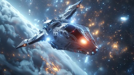Canvas Print - a spaceship flies in front of a planet and stars.