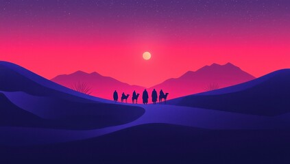 Sticker - Serene Desert Landscape at Night with Caravan Silhouettes Under a Pink and Purple Sunset