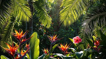 Aufkleber - Tropical nature scene with lush green palm leaves, exotic flowers, and gentle sunlight filtering through