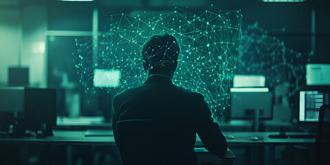 businessman analyzing digital network data in a futuristic office