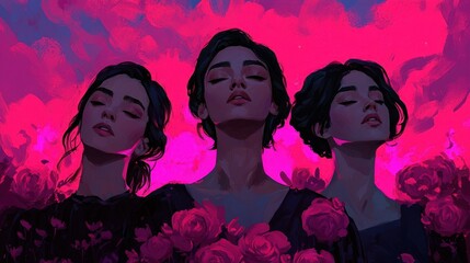 Wall Mural - Three Women Amidst a Dreamlike Pink and Purple Sky with Roses