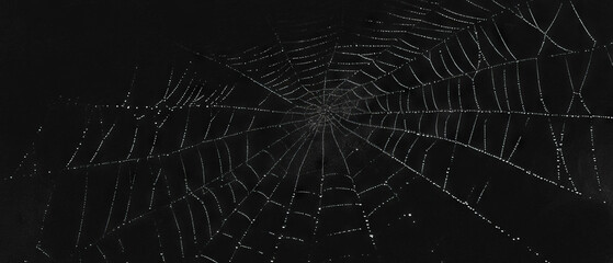 Sparkling spider web covered with dewdrops on a black background showcasing morning freshness