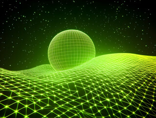 green wireframe sphere floats above a glowing grid landscape with starry background.