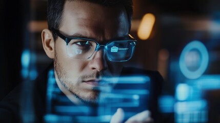 Focused Man Analyzing Data on Digital Screen with Glasses