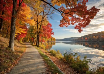 Wall Mural - Panoramic Autumn Lakeside Path: Serene Fall Landscape Photography