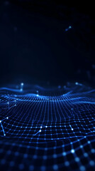 Wall Mural - abstract 3d blue grid landscape forms a wavy pattern with interconnected nodes in a dark background.