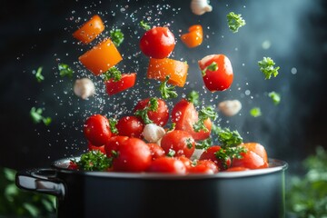 Fresh vegetables falling into pot with water splashes creating a delicious vegetarian meal