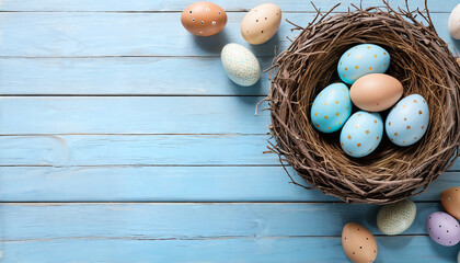 pastel colours eggs in a nest on blue wooden background with free space