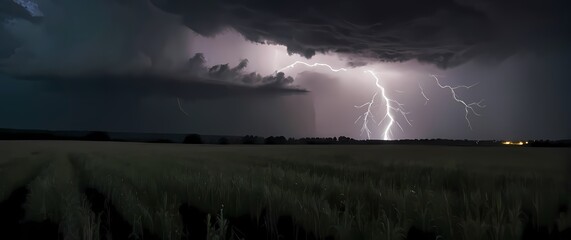 Wall Mural - a breathtaking capture of a dramatic thunderstorm over a field with lightning striking down amidst d