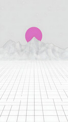 Wall Mural - 3d wireframe landscape depicts mountains and grid with pink sun perfectly.