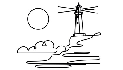 Wall Mural - Lighthouse linear background. Hand drawn beacon on the ocean shore. Vector illustration.