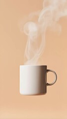 Poster - White mug levitating and emitting steam on a pastel orange background, perfect for representing concepts related to hot beverages, breakfast, relaxation, and warmth