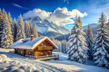 Wall Mural - Panoramic Winter Wonderland: Alpine Chalet & Snowy Forest in Sunny Frosty Weather