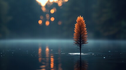 Wall Mural - Solitary plant, calm water, sunset reflection.