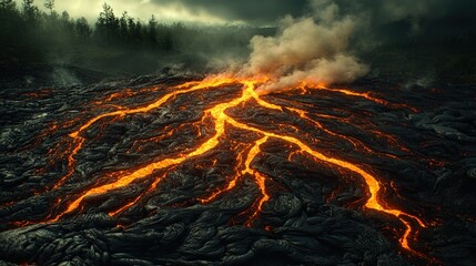 Canvas Print - Lava flows through dark volcanic rock.