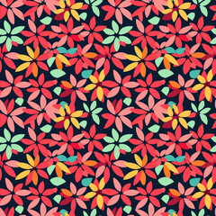 Wall Mural - Vibrant Floral Pattern: A seamless repeating pattern featuring stylized floral motifs in a rich palette of reds, oranges, yellows, and teal, set against a deep navy background.