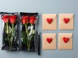© Handy Birdy - Valentine Preserved Rose Concept, Modern flatlay of preserved roses in minimal packaging with love letter envelopes and a fountain pen beside them