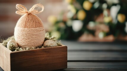 Wall Mural - Earthy-toned yarn Easter egg in wooden gift box. Handmade Easter day decoration.