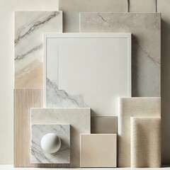 Wall Mural - A minimalist artwork featuring a blend of different textures such as smooth marble, rough concrete, natural linen, and glossy glass surfaces