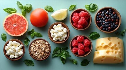 Canvas Print - Fresh fruits and dairy assortment on a mint green background with herbs and textures