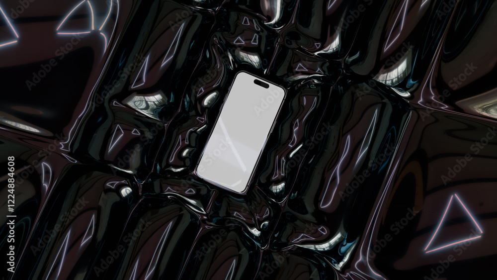 Smartphone mockup with blank screen on glossy black surface with ...
