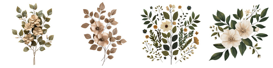 Wall Mural - Assorted floral arrangements with various leaves petals and blooms on a plain white background  The natural organic compositions evoke a botanical vintage and romantic aesthetic