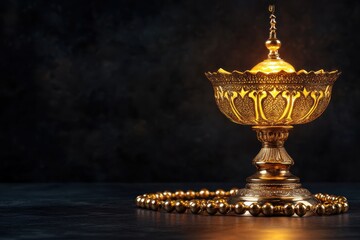 Glowing ornate bowl, beads, dark background, religious ceremony