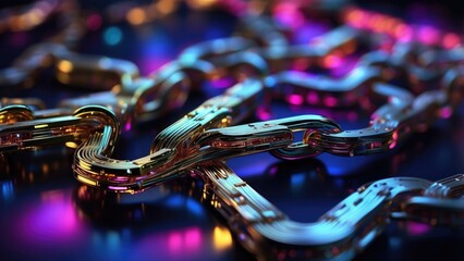 Digital illustration of a glowing blockchain concept with a close-up of a chain made of binary code