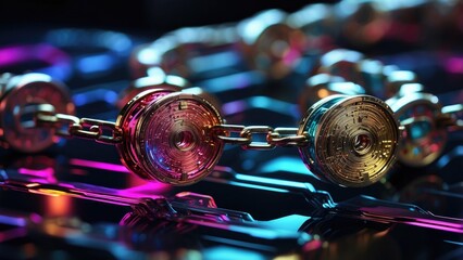 Digital illustration of a glowing blockchain concept with a close-up of a chain made of binary code