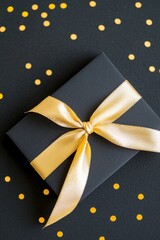 Wall Mural - black gift box with a gold ribbon and confetti on a dark background, creating a luxurious and festiv