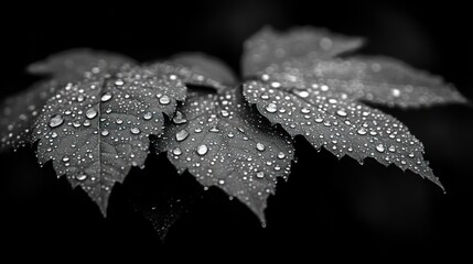 Wall Mural - Dew-kissed leaves, dark, monochrome, serene.