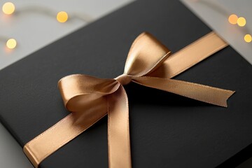 Wall Mural - elegant black gift box with gold ribbon and fairy lights celebrating special occasions