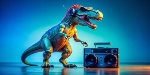 Wall Mural - retro dinosaur: tyrannosaurus rex with boombox & headphones - minimalist blue background stock photo