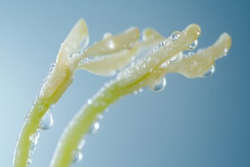 Poster - Close-up of delicate green plant shoots with water droplets glowing in soft light