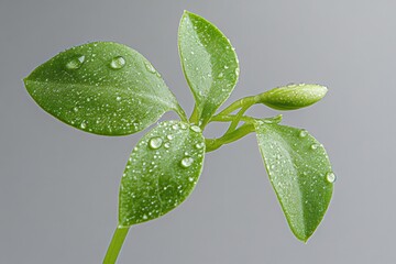 Poster - Fresh green plant with water droplets in close-up showcasing its natural beauty and growth against a gray background