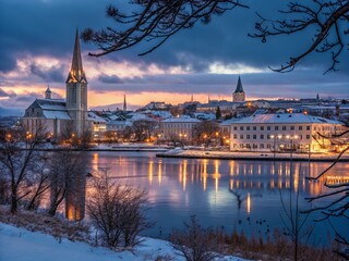 Wall Mural - Reykjavik Winter Skyline Panorama Reflected in Tjornin Lake at Blue Hour