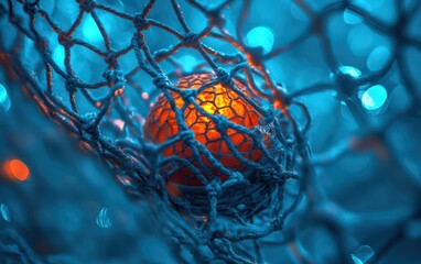 Lacrosse ball trapped in a net, glowing orange against a vibrant blue backdrop. A captivating sports image.