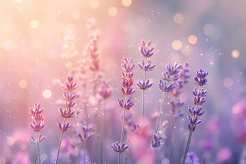 Wall Mural - Serene lavender field bathed in golden sunset light with soft focus