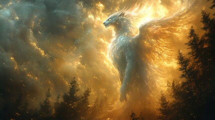 Wall Mural - Fiery winged lion emerges from forest, mystical.