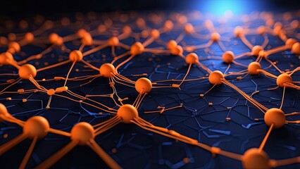 Abstract representation of a network depicted with interconnected orange human icons on a dark blue background