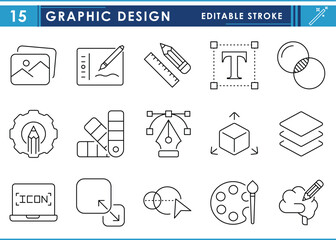 A set of line icons related to Graphic Design. Graphic, digital art, graphical tablet, tools, scale, pencil, and so on. Vector editable stroke.