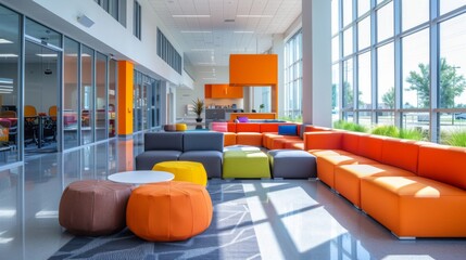 Aufkleber - Colorful furniture in a spacious lounge area allows for casual meetings and relaxation, filled with natural light streaming through large windows.