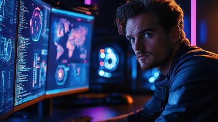 Focused young man programmer looking at camera while working late at night on multiple monitors displaying code and data.