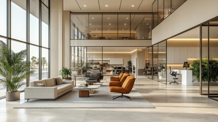 Aufkleber - Expansive office interior showcases sleek furniture, large windows, and green plants, creating a bright and inviting environment for employees and clients alike.