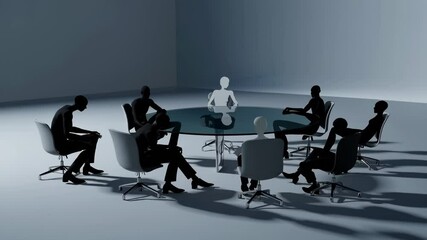 Fototapete - Modern business meeting concept with abstract silhouettes of people around a circular table, minimal color palette