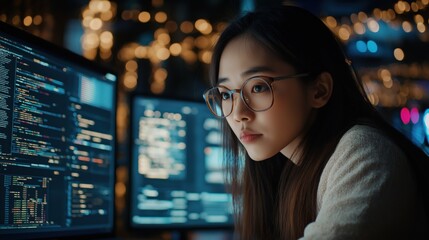 Focused Female Coder Engaged in Programming and Data Analysis at a Technologically Advanced Computer Setup in a Modern, Dimly-Lit Workspace